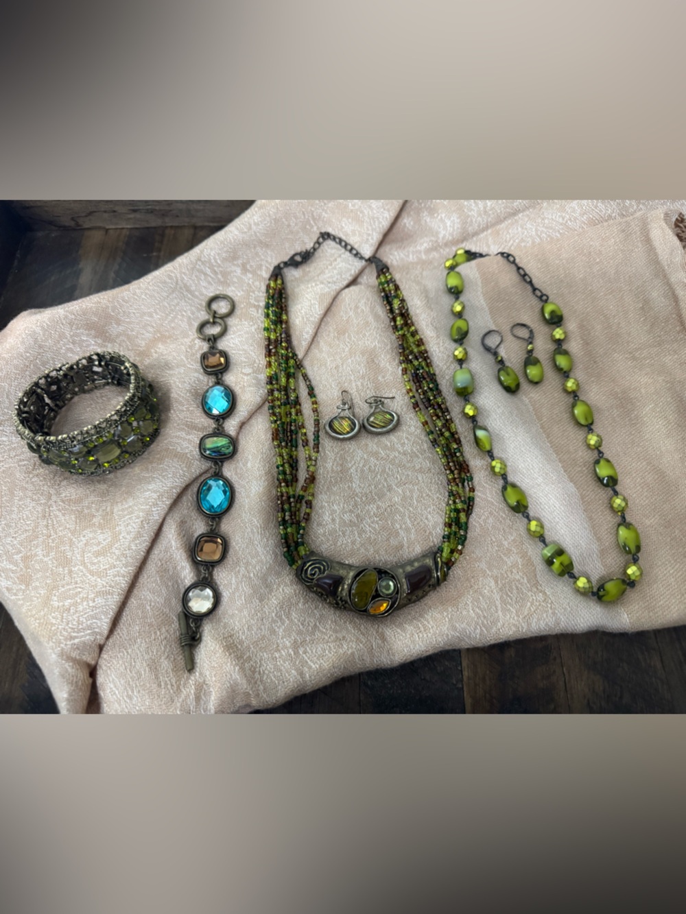 Boho Olive Green & Turquoise Jewelry Lot - Peacock Tones & Beaded Sets